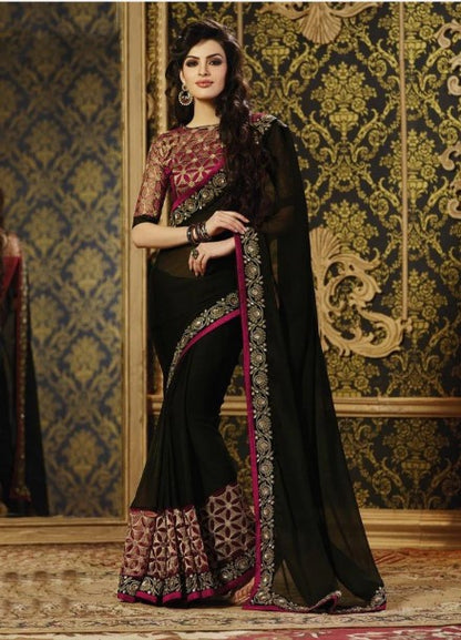 Women's Embroidery Georgette Black Color Saree With Unstitch Blouse