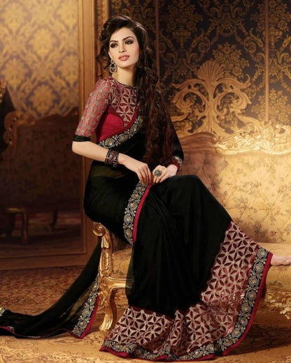 Women's Embroidery Georgette Black Color Saree With Unstitch Blouse