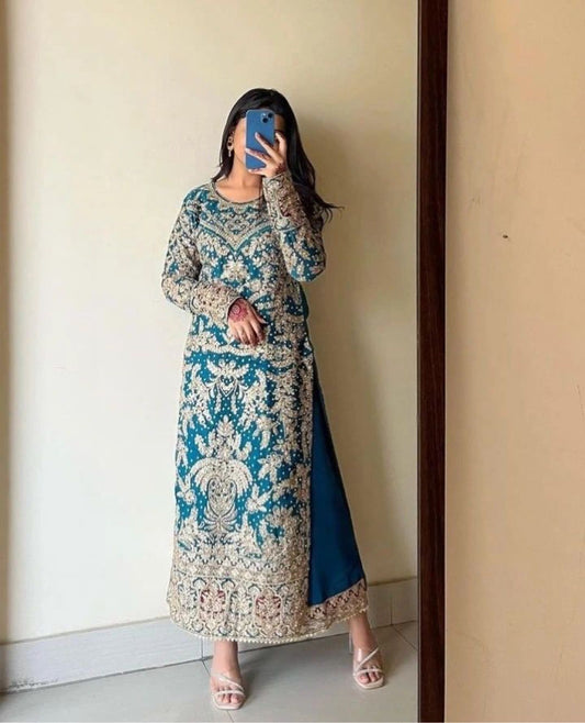 Women's Georgette Embroidery Blue Color Kurta Palazzo With Dupatta