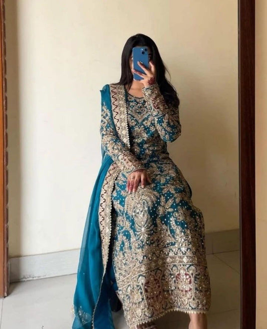 Women's Georgette Embroidery Blue Color Kurta Palazzo With Dupatta