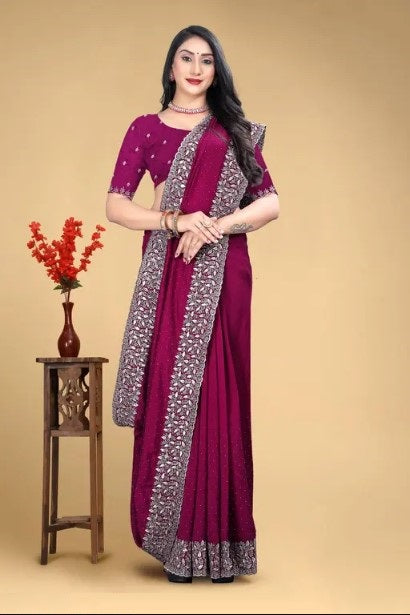 Women's Embroidery Vichitra Silk Purple Color Saree With Unstitch Blouse