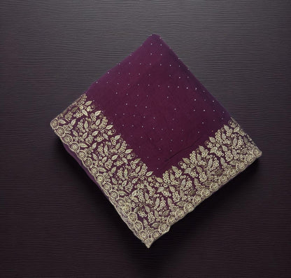 Women's Embroidery Vichitra Silk Purple Color Saree With Dupion Silk Unstitch Blouse