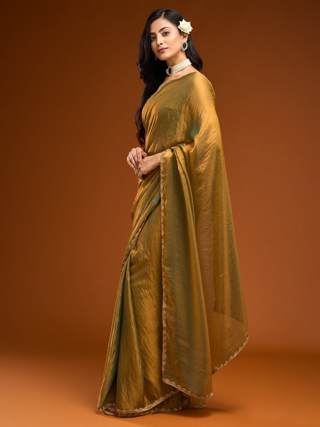 Women's Solid Rich Chiffon Gold Color Lace Work Saree With Unstitch Blouse