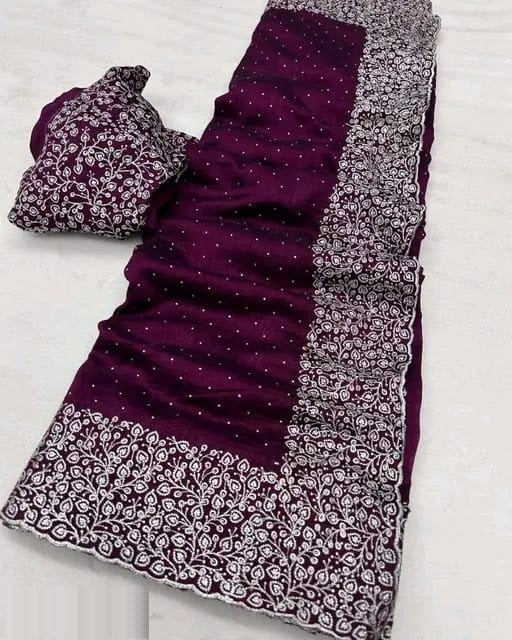 Women's Embroidery Vichitra Silk Purple Color Saree With Unstitch Blouse