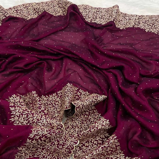 Women's Embroidery Vichitra Silk Purple Color Saree With Unstitch Blouse