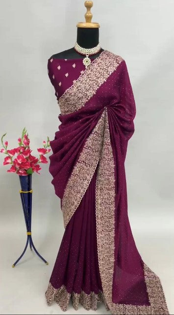Women's Embroidery Vichitra Silk Purple Color Saree With Unstitch Blouse