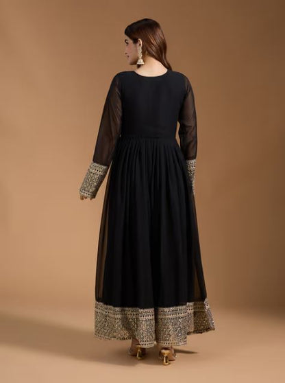 Women's Georgette Embroidery Black Color Anarkali Kurta With Dupatta Pant Not Available