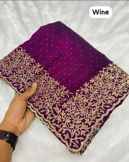 Women's Embroidery Georgette Purple Color Saree With Dupion Silk Unstitch Blouse