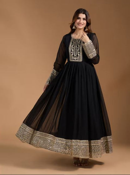 Women's Georgette Embroidery Black Color Anarkali Kurta With Dupatta Pant Not Available