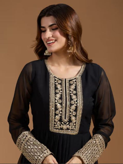 Women's Georgette Embroidery Black Color Anarkali Kurta With Dupatta Pant Not Available