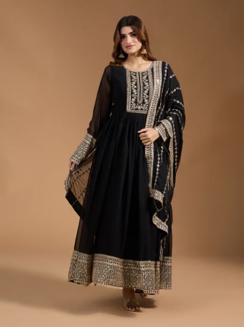 Women's Georgette Embroidery Black Color Anarkali Kurta With Dupatta Pant Not Available