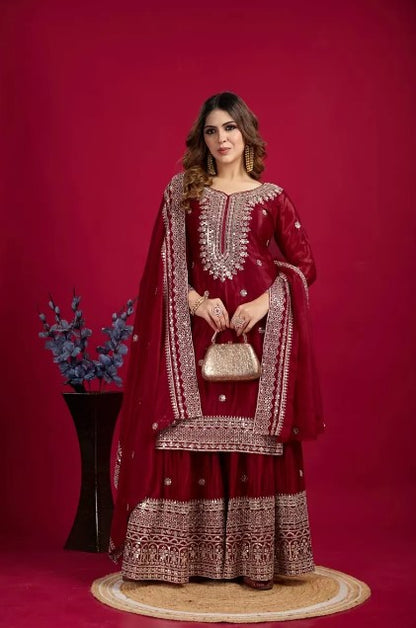 Women's Chinon Silk Embroidery Red Color Kurta Sharara With Dupatta