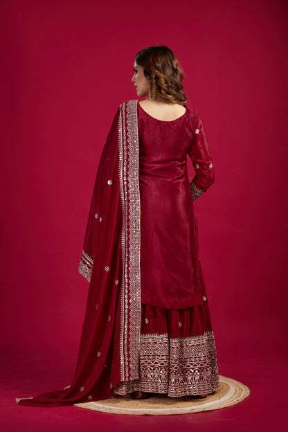 Women's Chinon Silk Embroidery Red Color Kurta Sharara With Dupatta