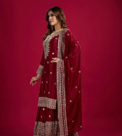 Women's Chinon Silk Embroidery Red Color Kurta Sharara With Dupatta