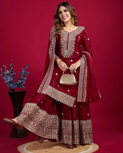 Women's Chinon Silk Embroidery Red Color Kurta Sharara With Dupatta