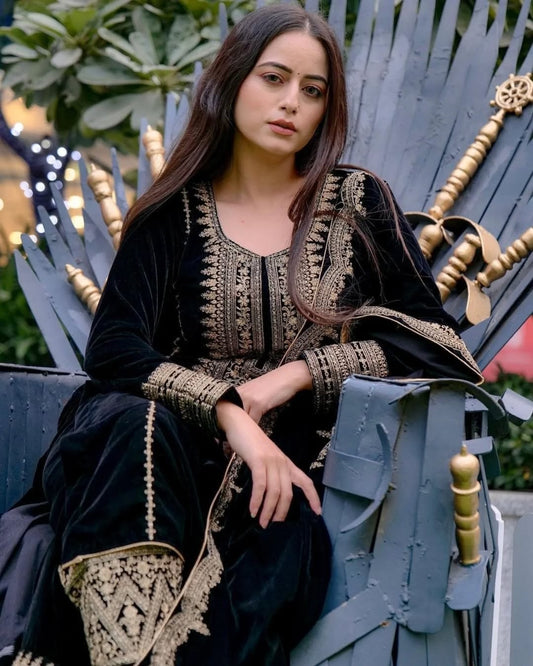Women's Velvet Embroidery Black Color Kurta Pant With Dupatta