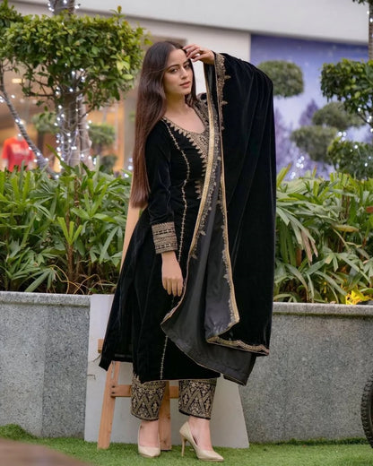 Women's Exclusive Viral Velvet Embroidery Black Color Kurta Pant With Dupatta Set