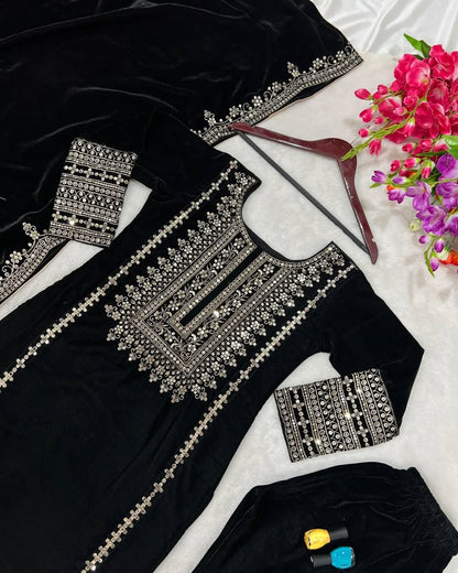 Women's Exclusive Viral Velvet Embroidery Black Color Kurta Pant With Dupatta Set