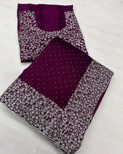 Women's Embroidery Vichitra Silk Purple Color Saree With Dupion Silk Unstitch Blouse