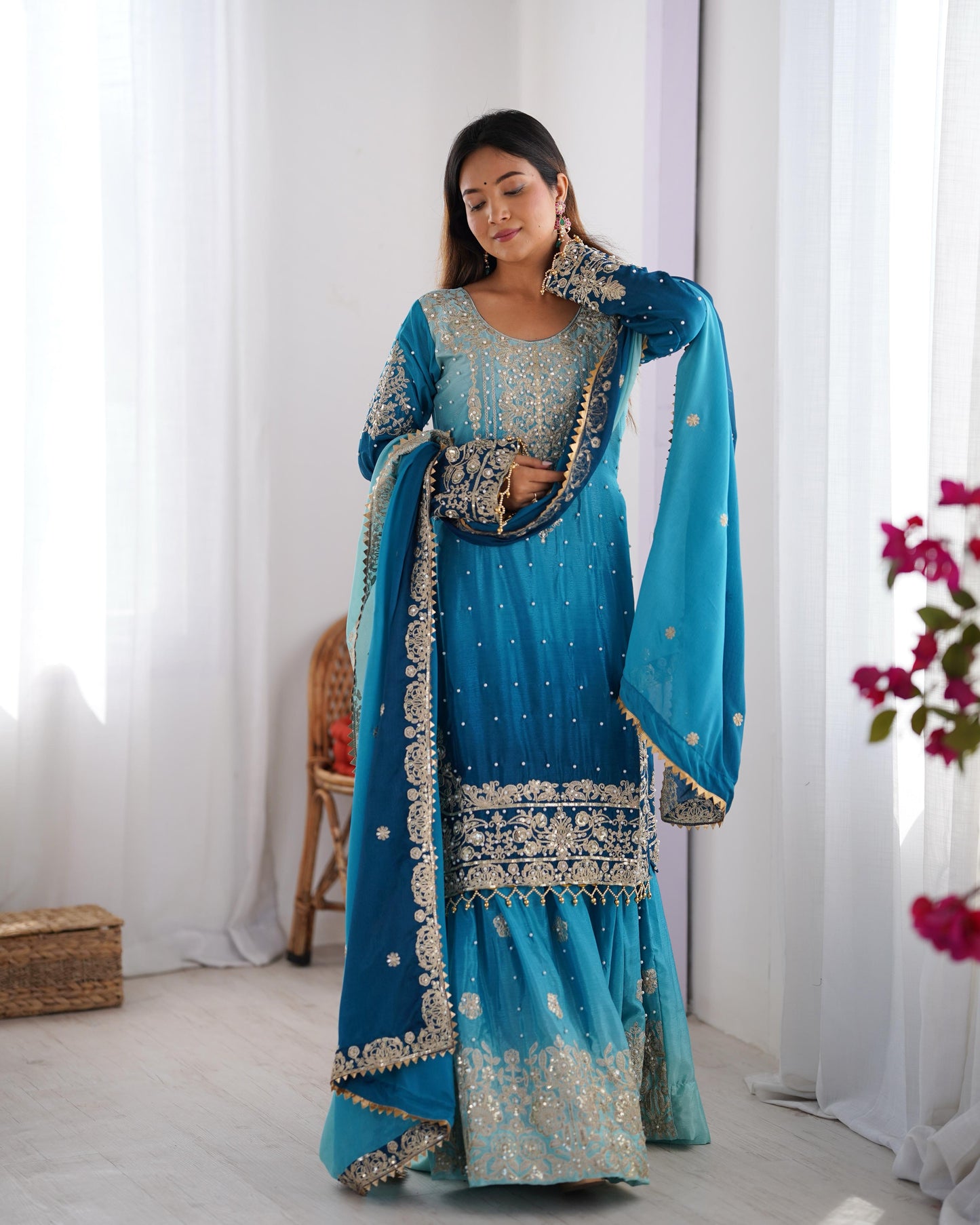Women's Chinon Silk Embroidery Blue Color Kurta Sharara With Dupatta