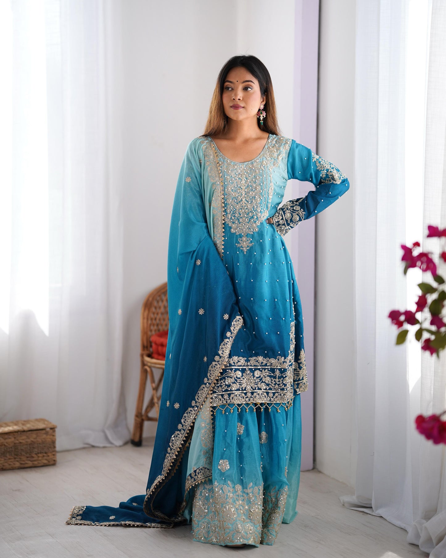 Women's Chinon Silk Embroidery Blue Color Kurta Sharara With Dupatta
