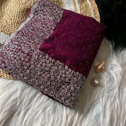 Women's Embroidery Vichitra Silk Purple Color Saree With Dupion Silk Unstitch Blouse