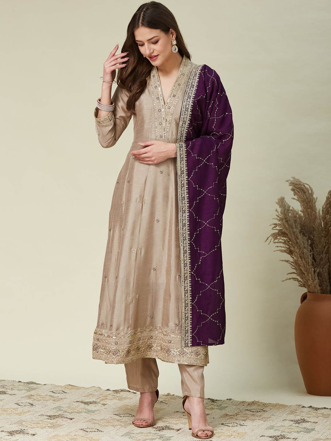 Women's Designer Vichitra Silk Cream Color Embroidery Anarkali Kurta Pant with Dupatta Set