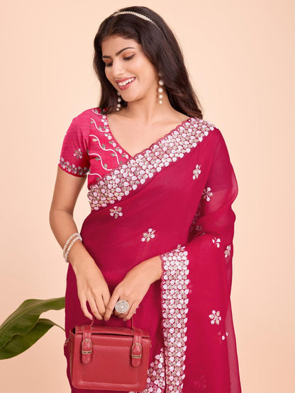 Women's Embroidery Vichitra Silk Pink Color Saree With Dupion Silk Unstitch Blouse