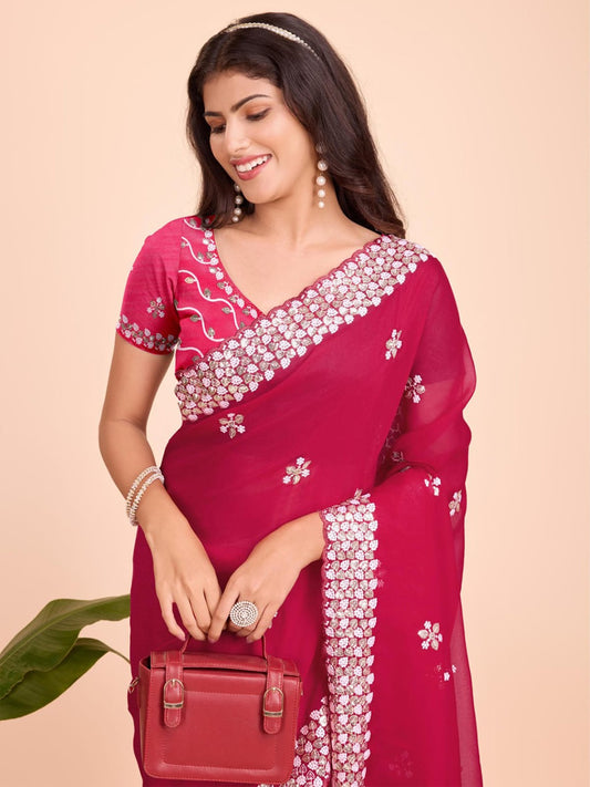 Women's Embroidery Vichitra Silk Pink Color Saree With Unstitch Blouse