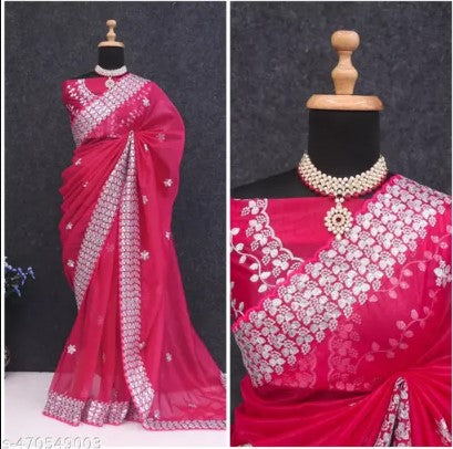 Women's Embroidery Vichitra Silk Pink Color Saree With Unstitch Blouse
