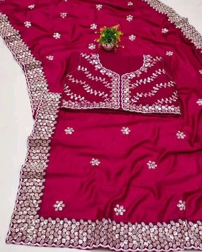 Women's Embroidery Vichitra Silk Pink Color Saree With Dupion Silk Unstitch Blouse