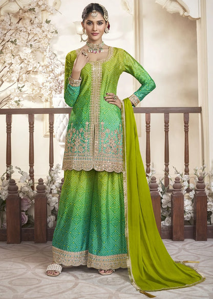 Women's Chinnon Silk Embroidery Green-Yellow Color Kurta Sharara With Dupatta