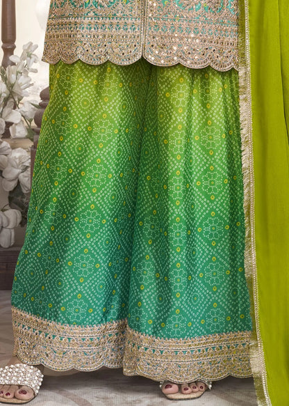 Women's Chinnon Silk Embroidery Green-Yellow Color Kurta Sharara With Dupatta