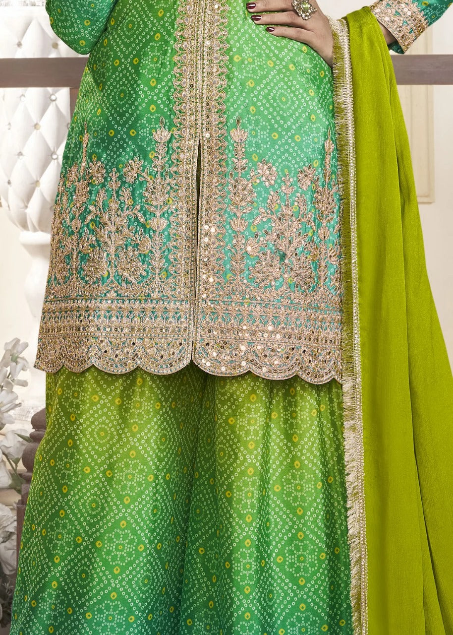 Women's Chinnon Silk Embroidery Green-Yellow Color Kurta Sharara With Dupatta