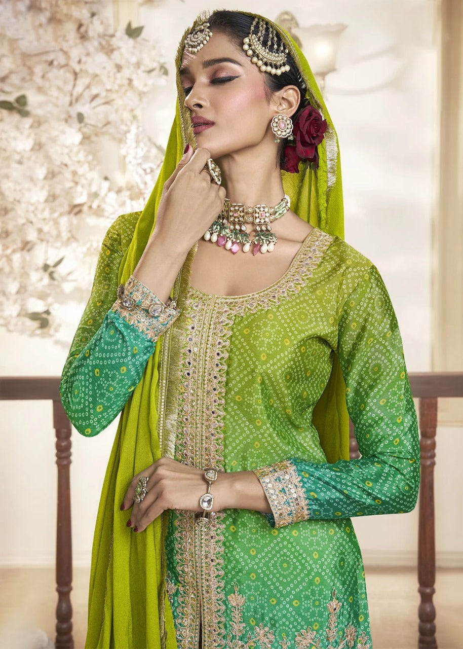 Women's Chinnon Silk Embroidery Green-Yellow Color Kurta Sharara With Dupatta