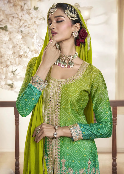 Women's Chinnon Silk Embroidery Green-Yellow Color Kurta Sharara With Dupatta