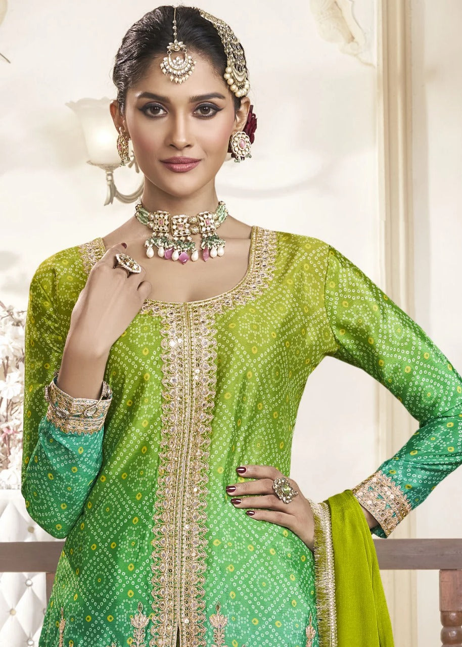 Women's Chinnon Silk Embroidery Green-Yellow Color Kurta Sharara With Dupatta