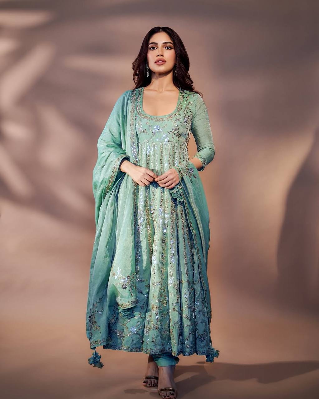 Women's Chinon Silk Embroidery Green Color Anarkali Kurta Pant With Dupatta