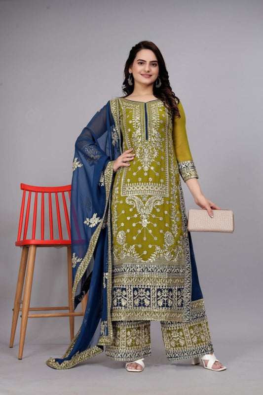 Women's Georgette Embroidery Green Color Kurta Palazzo With Dupatta