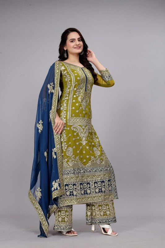 Women's Georgette Embroidery Green Color Kurta Palazzo With Dupatta