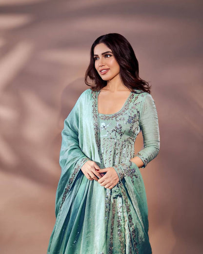 Women's Chinon Silk Embroidery Green Color Anarkali Kurta Pant With Dupatta