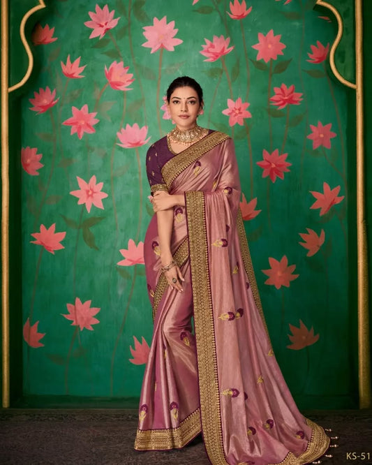 Women's Embroidery Vichitra Silk Peach Color Saree With Unstitch Blouse