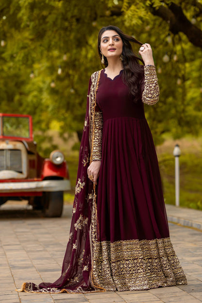 Women's Georgette Embroidery Maroon Color Anarkali Kurta Pant With Dupatta