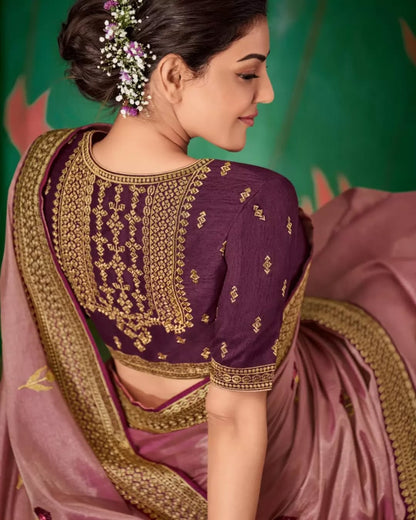 Women's Embroidery Vichitra Silk Peach Color Saree With Dupion Silk Unstitch Blouse