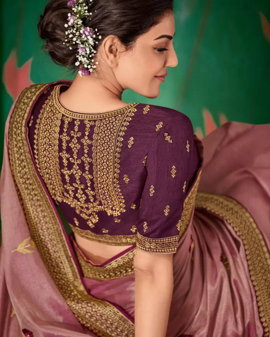 Women's Embroidery Vichitra Silk Peach Color Saree With Unstitch Blouse