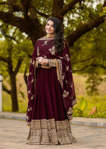 Women's Georgette Embroidery Maroon Color Anarkali Kurta Pant With Dupatta