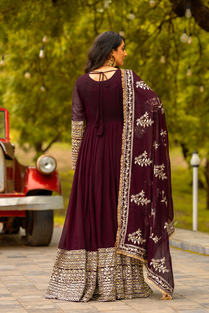 Women's Georgette Embroidery Maroon Color Anarkali Kurta Pant With Dupatta