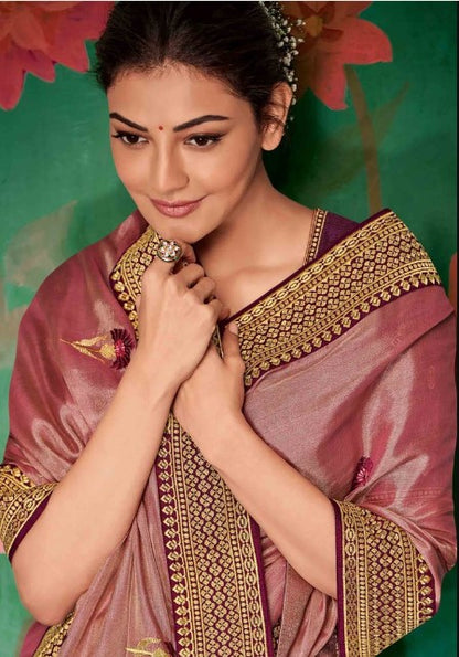 Women's Embroidery Vichitra Silk Peach Color Saree With Dupion Silk Unstitch Blouse