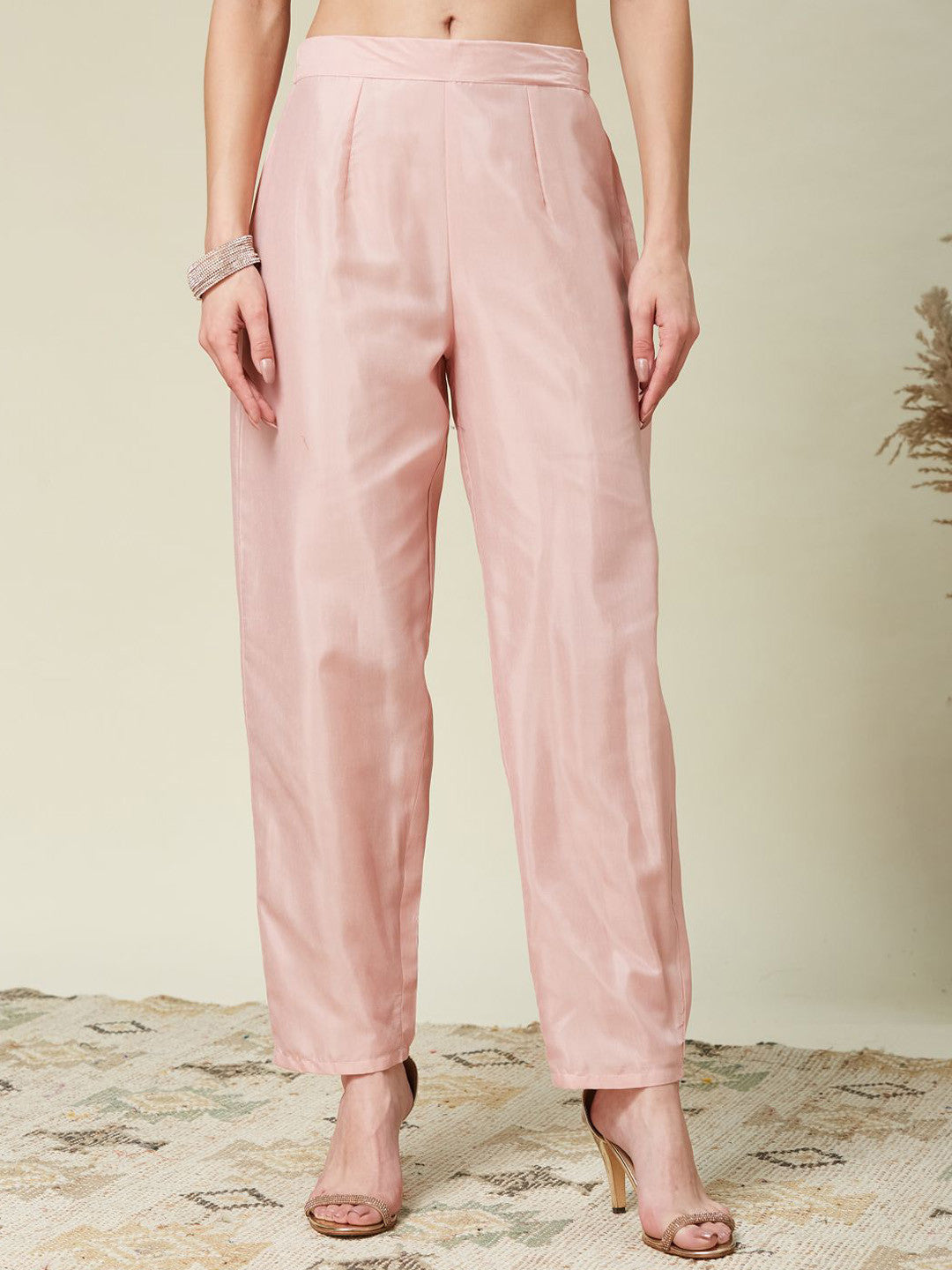 Women's Designer Vichitra Silk Pink Color Embroidery Anarkali Kurta Pant with Dupatta Set