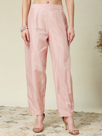 Women's Designer Vichitra Silk Pink Color Embroidery Anarkali Kurta Pant with Dupatta Set